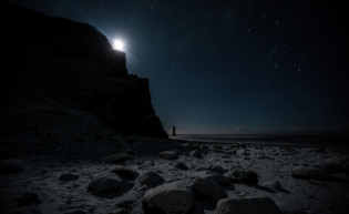 Reynisfjara black beach on winter full moon